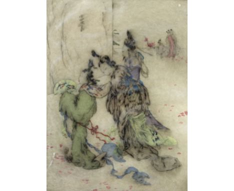 Elyse Ashe Lord R. I. (British, 1885-1971): 'Three Oriental Figures', circa 1930, a hand coloured drypoint etching, signed in