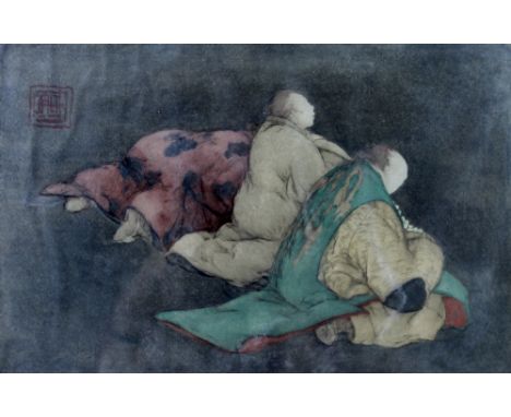 Elyse Ashe Lord R. I. (British, 1885-1971): 'Prayer', depicting three Oriental figures, a hand coloured etching, signed with 