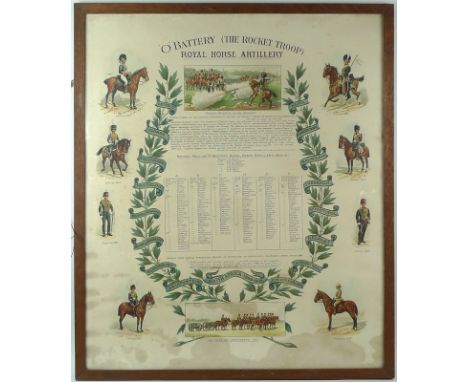 Royal Horse Artillery 'O' Battery (The Rocket Troop), a coloured lithograph with cartouches, 1899-1902, published by Lecherti