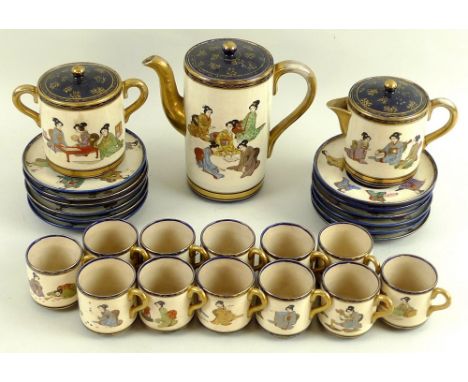 A Japanese pottery part tea service, early 20th century, decorated with geishas with blue and gold rim, comprising hot water 