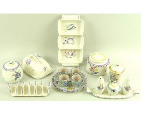 A collection of Poole pottery, including jam pot with cover, decorated by Ruth Gough, 1934, 10cm, together with later example