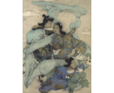 Elyse Ashe Lord R. I. (British, 1885-1971): 'Three Oriental ladies with fluttering scarf and flowers', a hand coloured drypoi