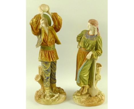 A pair of Royal Worcester shot enamel porcelain figures, modelled as Romanian peasants, circa 1895, sculpted by James Hadley,