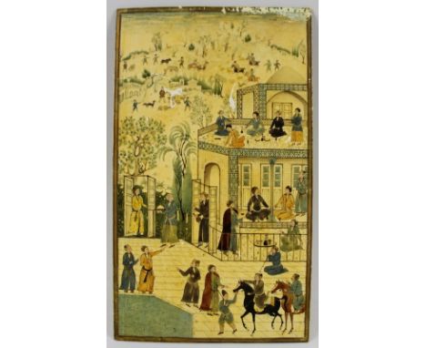 A 19th century Persian watercolour on ivory, signed, depicting populated buildings and horsemen to the foreground, and huntin