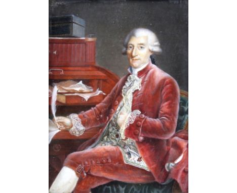 An 18th century portrait miniature of a seated gentleman in a red velvet suit beside his desk, wearing a white wig, reputedly