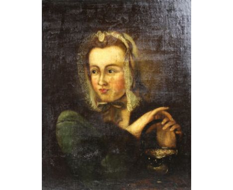 British School (late 17th / early 18th century): a head and shoulder portrait of a lady wearing a lace cap and holding a cera