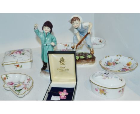 A Royal Worcester figure, February 3453, modelled by Freda Doughty; Saturday's Child 3524; Royal Crown Derby Derby Posies pat