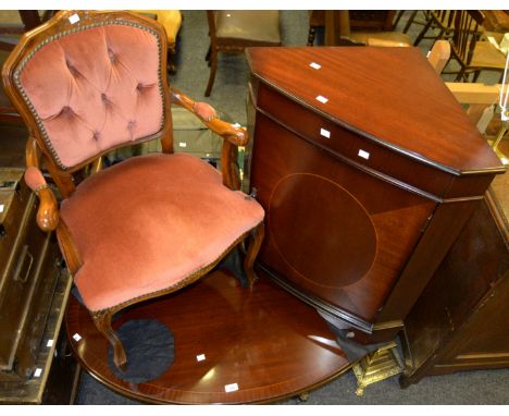 A mahogany oval coffee table, satinwood stringing; a brass standard lamp; a mahogany corner cabinet enclosing two shelves, ov