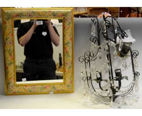 A contemporary floral cushion framed mirror;  a contemporary wrought iron and crystal drop chandelier (2)