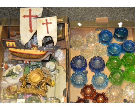 Household Goods - a box of Victorian glass piano/furniture feet; an early 20th century mirror; a model galleon;  etc (2 boxes
