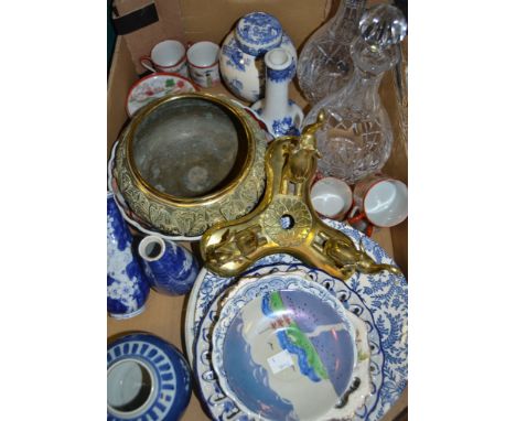 Ceramics - an egg shell tea service; glass decanters; an Indian brass jardiniere