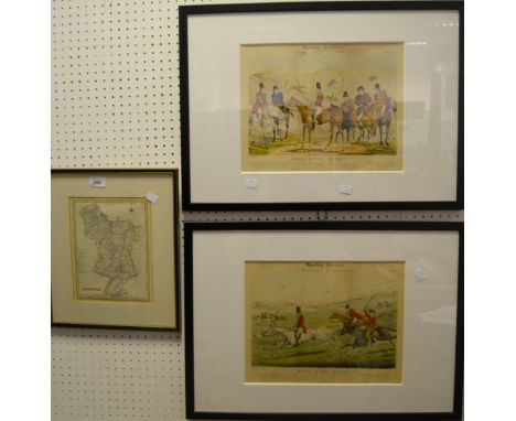  A framed print of a  Derbyshire Map; a pair of framed Hunting prints (3)