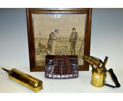 A crocodile skin ladies clutch bag; a brass Pyrene fire extinguisher; a paraffin blowtorch; a framed tapestry (4)