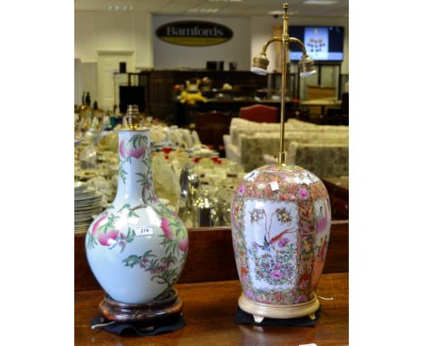 A contemporary famille rose table lamp; another decorated with peaches (2)