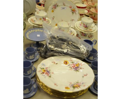 A Royal Crown Derby Derby Posies pattern part tea service; Wedgwood Jasperware coffee cans and saucers; Kings pattern flatwar