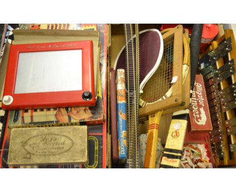 Juvenalia - a boxed Scalextric; Hockey stick; stamp album; Etch a Sketch; xylophone;  etc 