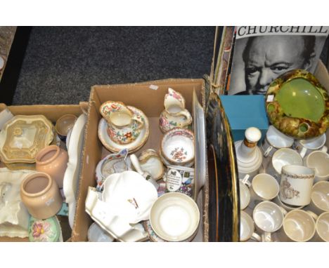 Household Goods - a Victorian Staffordshire part tea service; dressing table tray; commemorative ware; etc (3 boxes)