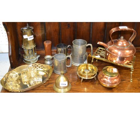 Metalware -  a brass miners lamp; a Trenchart matchbox stand/ashtray, trivet, bell etc qty