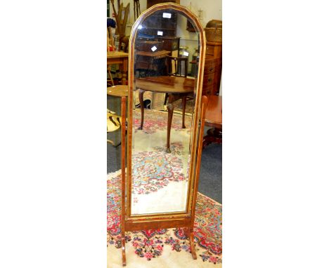 A contemporary gilt and burr walnut veneer cheval mirror