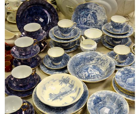 Blue and White Ceramics - H.M Sutherland China, rural scenes part dinner and tea service; a Polish blue marbled pattern part 