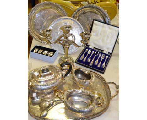 Silver Plated - a three piece tea service; gallery tray; napkin rings; candlesticks; trays; etc