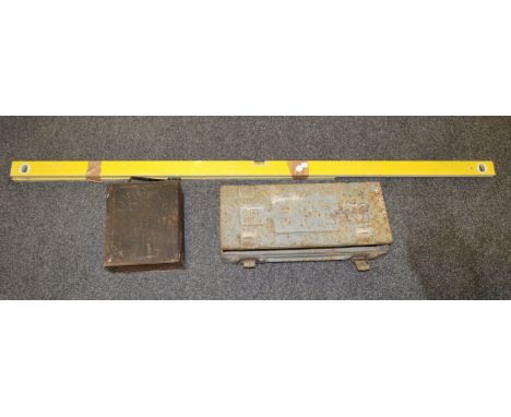 A pair of Surveyors spirit levels; a Shell oil can; an ammunition box