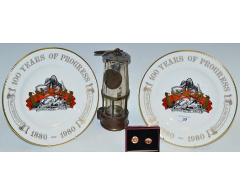 Mining Interest - an Eccles Miners lamp; a pair of Royal Crown Derby plates commemorating the NUM in Derbyshire; a pair of NU