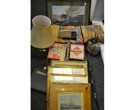 Household Goods - framed prints; brass table lamp; vintage games; Flemish tapestry;cruet stand with silver topped bottles etc