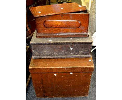 A stained pine box (faults); a stained pitch pine toolbox; a mahogany work box (3)