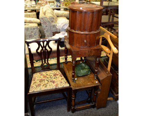A Victorian mahogany commode; a George III dining chair; a pine gentleman's night stand; a bergere dressing stool; etc