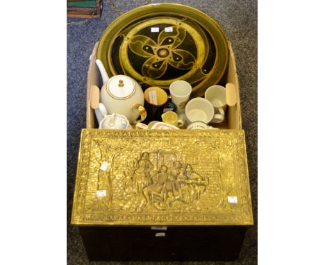 A brass slipper box/fuel bin; an Art Pottery stoneware charger; Royal Wessex china sandwich plate and side plates; German cer