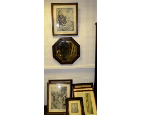An octagonal oak wall hanging mirror; after V.H.V a trio of WWI monochrome prints depicting war scenes; a Victorian wedding p