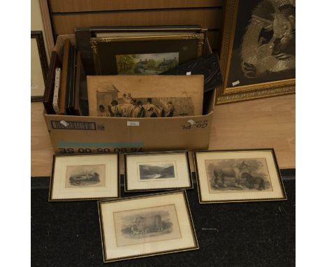 Collection of 19th Century framed etchings, oils and watercolours of animals and places including watercolours of Littleover 