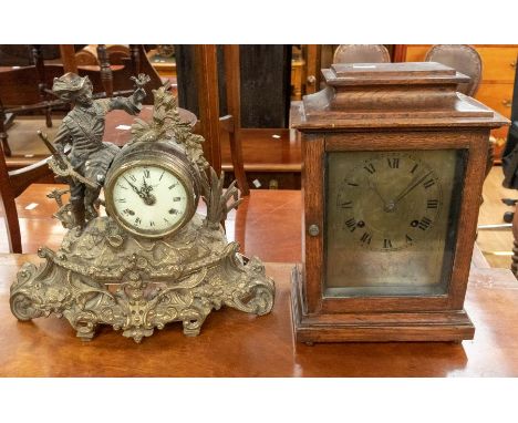 Late 19th Century oak cased eight day mantle clock with brass face, Roman numerals along with early to mid 20th Century spelt