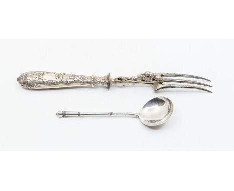 A late 19th century Russian silver .84 standard spoon, approx 45gms; together with a French silver-handled carving fork with 