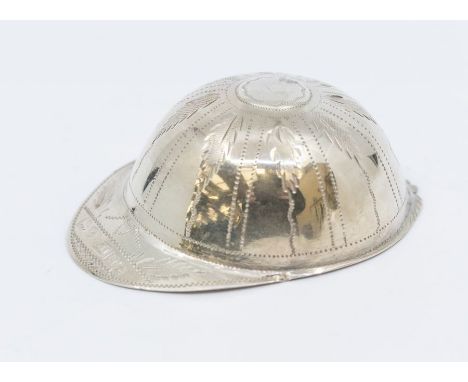 Horse Racing Interest: A Victorian silver engraved novelty caddy spoon in the form of Jockey's cap, hallmarked by George Unit