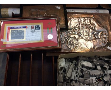 Collection of pewter vintage cars with wall shelf, vintage car plaques, copper and reproduction WWII Dad's Army medal with co