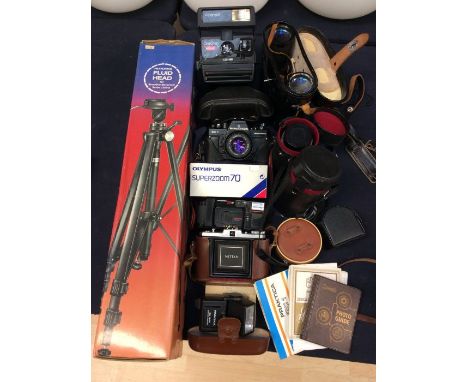 Collection of vintage and modern cameras including tripod and video, Zeiss, Ikon, Olympus, Praktika etc