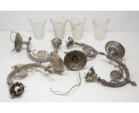 A pair of silver plated wall lights with shades (American) and a vintage part Ashberry steel canteen of cutlery (3)