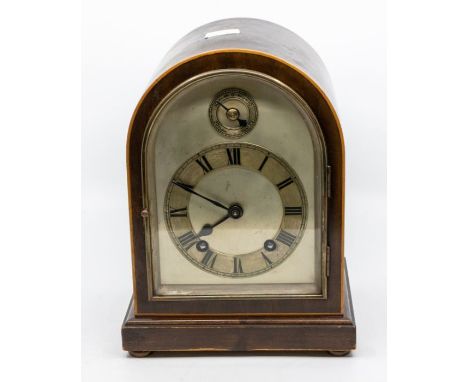 Edwardian dome mahogany 8day mantle clock, silvered dial, Roman numerals