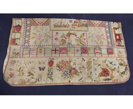 A small sized Germanic 1840 tapestry, decorated with flowers and boats and a quay, underside is dirty&nbsp;