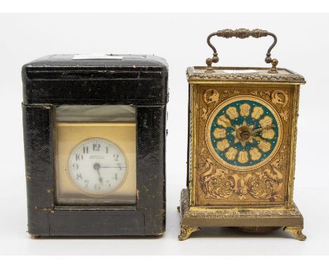 Early 19th Century brass carriage clock with marble top, marked for Harrod's Ltd, Made in Paris, as found condition, along wi