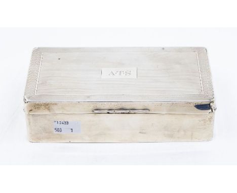 A George V silver cigarette box, the cover engine turned with Greek border and central initials, hallmarked Birmingham, 1928 