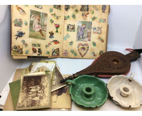 Collection of scraps, early 20th Century along with early 20th Century cards, Victorian photos, Victorian commemorative plate