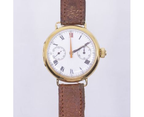 A 1920's 18ct gold gents watch, round white enamel dial, black roman numerals outer seconds track, red XII, dual subsidiary d