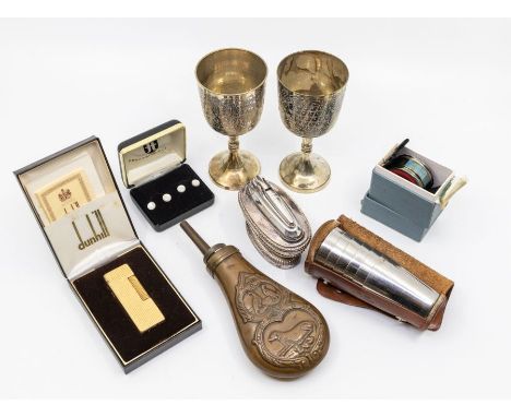 A Dunhill gold-plated lighter, approx 6.5cm, numbered 24163, boxed with paperwork; a Ronson table lighter; a pair of EPNS gob