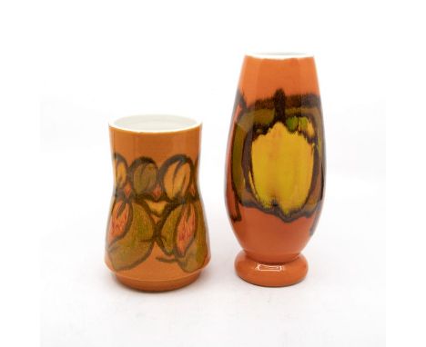 Poole Pottery: 2 Poole Pottery Delphis vases on orange ground shape mark no's 83 &amp; 15. Heights approx 22.5cm &amp; 16cm. 