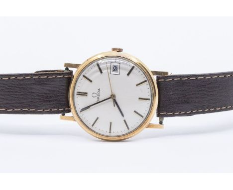 Omega- a Gentleman's 1970s 9ct gold wrist watch, champagne dial, with gold tone applied baton markers, date aperture at 3, di