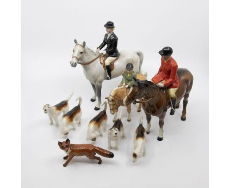 John Beswick mid 20th Century hunting set of figuresslight chip to fox and hound, paint damage to the huntsman