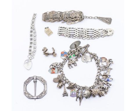 A Scottish silver Iona plaid brooch,&nbsp;Alexander Ritchie, Glasgow 1930, approx 4cm; a&nbsp;silver charm bracelet; two silv